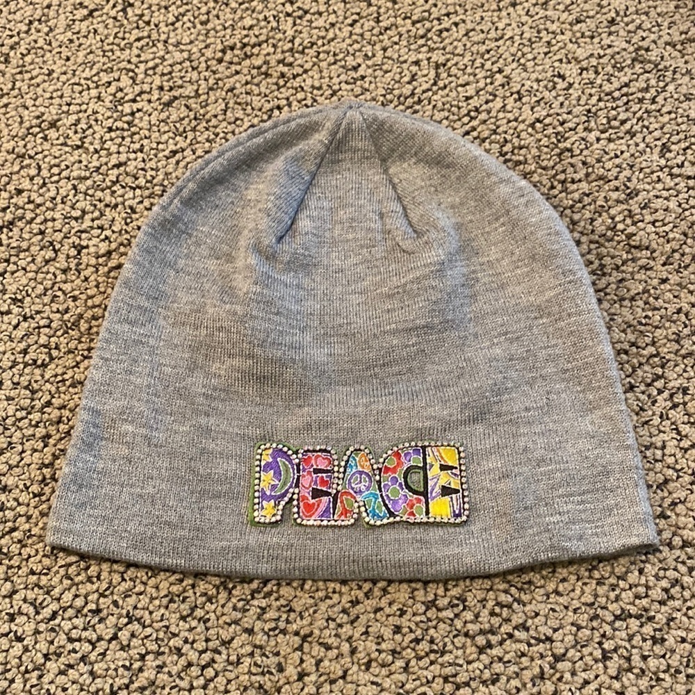 NWOT Embellished Gray Knit Beanie with Peace Patch on the Front